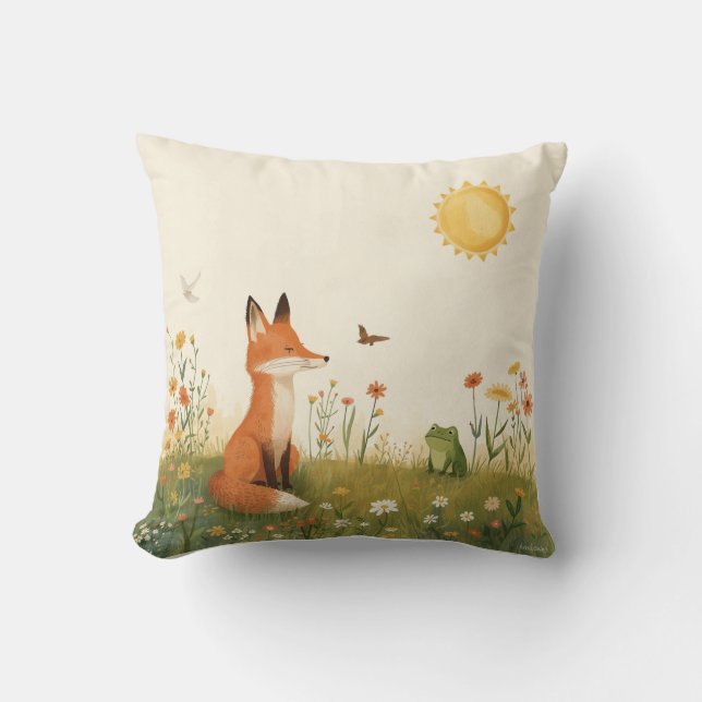 Morning Harmony – Cosy Fox and Frog Decorative Pil Cushion (Front)