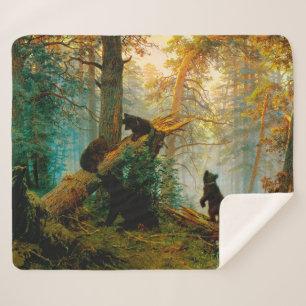 Morning in a Pine Forest Bear with Cubs Shishkin Sherpa Blanket