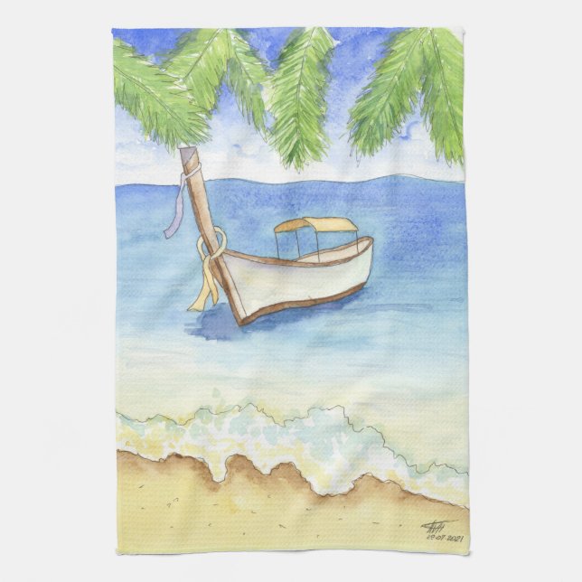 Morning in Bali Watercolor Tea Towel (Vertical)