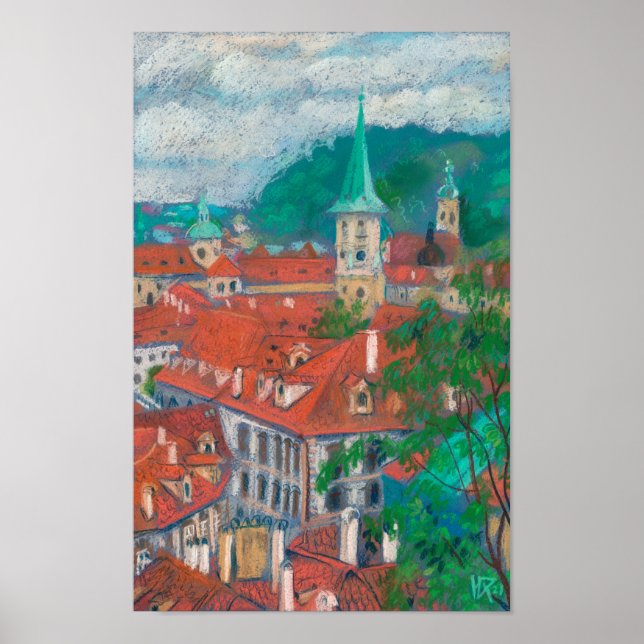 Morning in Prague Czech Cityscape Pastel Painting  Poster (Front)