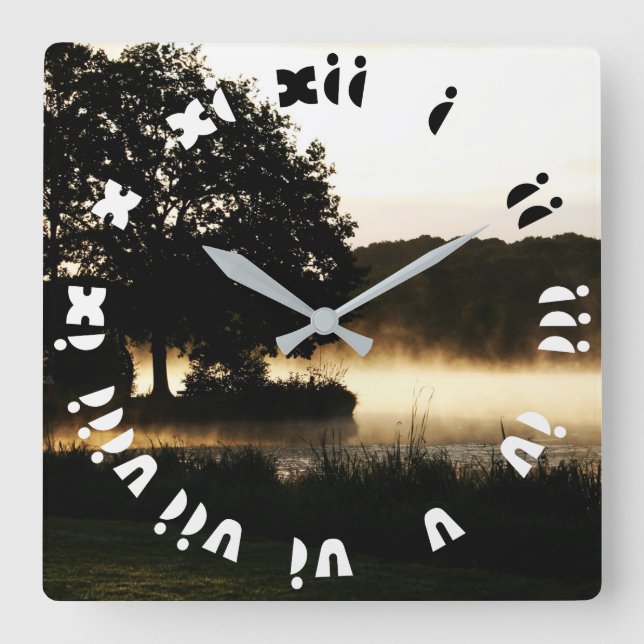 Morning Lake Scene Fat Roman Numbers wccnm Square Wall Clock (Front)