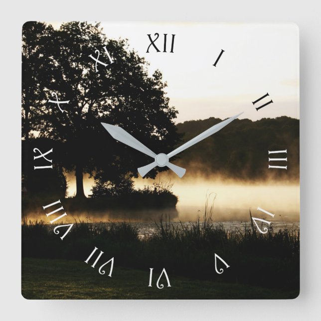 Morning Lake Scene Roman Script Numbers wca Square Wall Clock (Front)