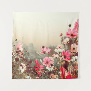 Morning light, blooming pink cosmos. tapestry