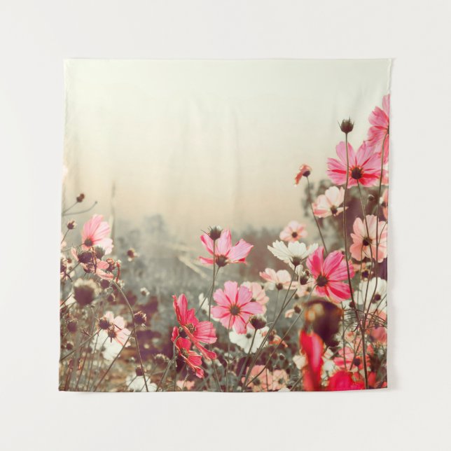 Morning light, blooming pink cosmos. tapestry (Front)