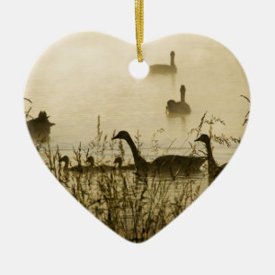Morning Light Canadian Geese Pond Silhouette Ceramic Tree Decoration