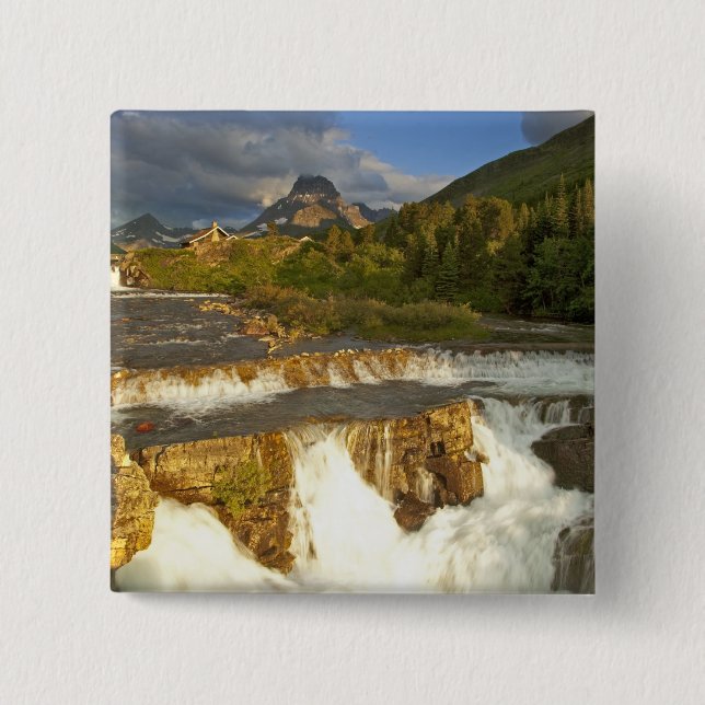 Morning light greets Swiftcurrent Falls in the 15 Cm Square Badge (Front)