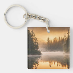 Morning Mist on River in the Pines Key Ring