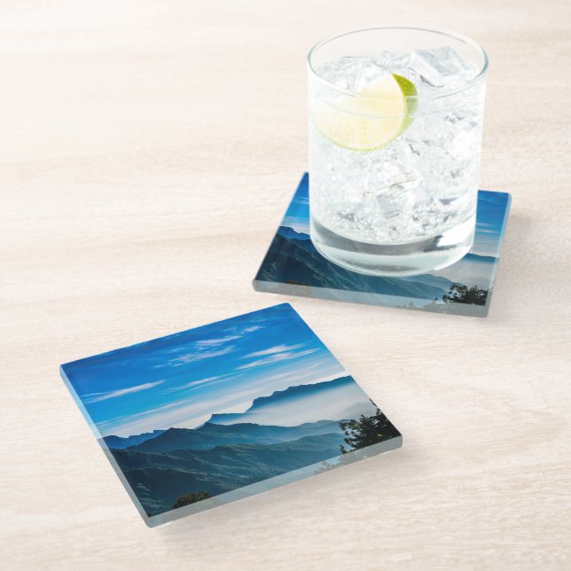 Morning Mountain Mist Landscape Glass Coaster (Angled)