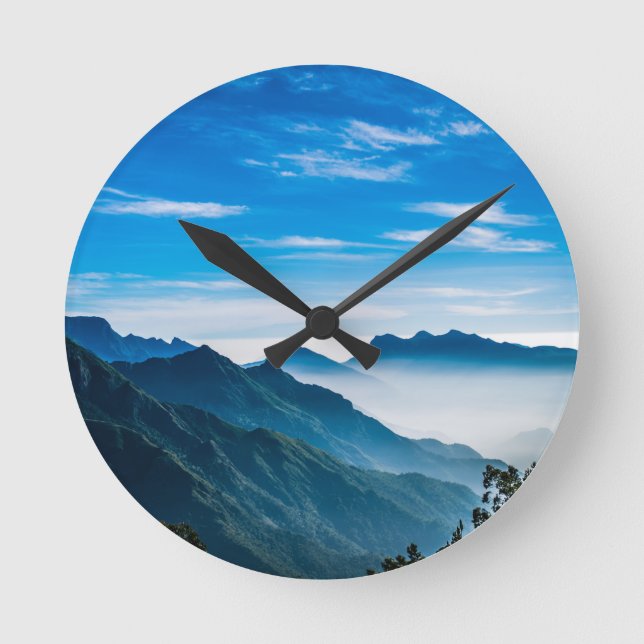 Morning Mountains Mist Landscape Round Clock (Front)