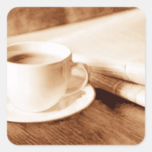 Morning News and Coffee Sepia Tone Square Sticker
