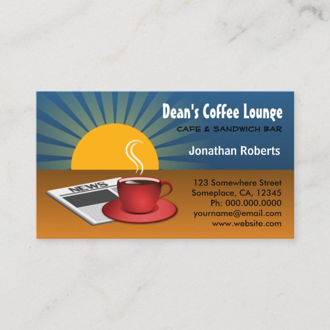 Morning News Sunrise Blue Brown Coffee Shop Cafe Business Card (Front)