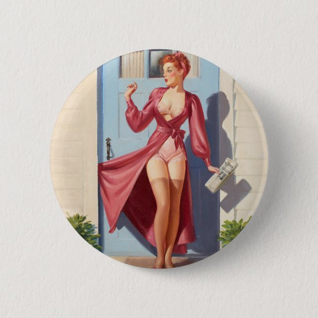 Morning Newspaper Pin-Up Girl 6 Cm Round Badge (Front)