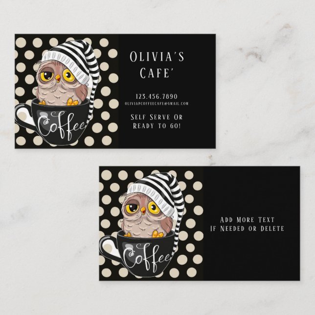 Morning Owl Black Tan Polka Dots Coffee Cafe’ Business Card (Front/Back)