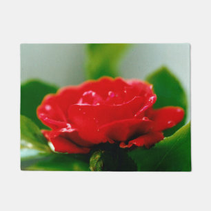 Morning red Rose covered with dew drops Doormat