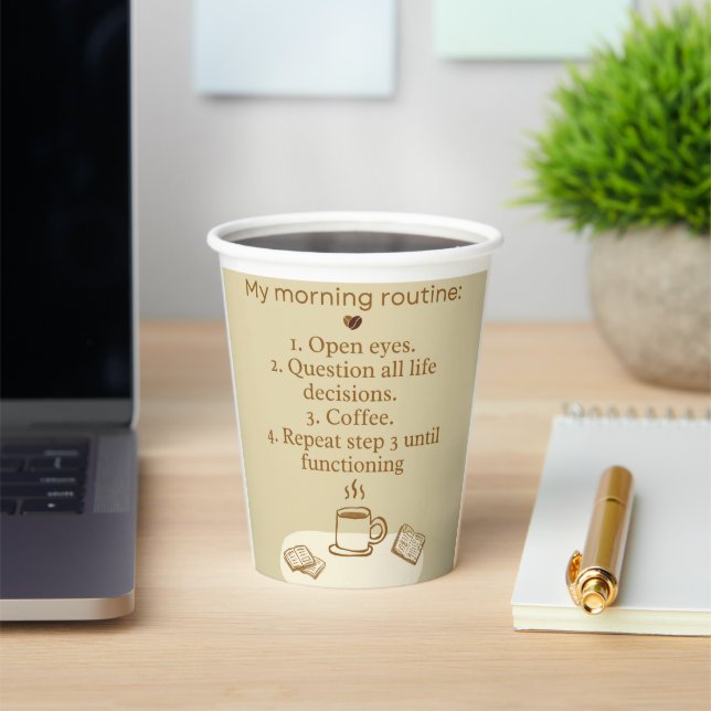 Morning Routine Coffee Mug | Funny Caffeine Depend Paper Cups (Insitu)