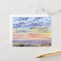 Morning Sea and Pastel Clouds Watercolor