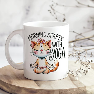 "Morning Starts with Yoga" Funny Cat Lover's Coffee Mug