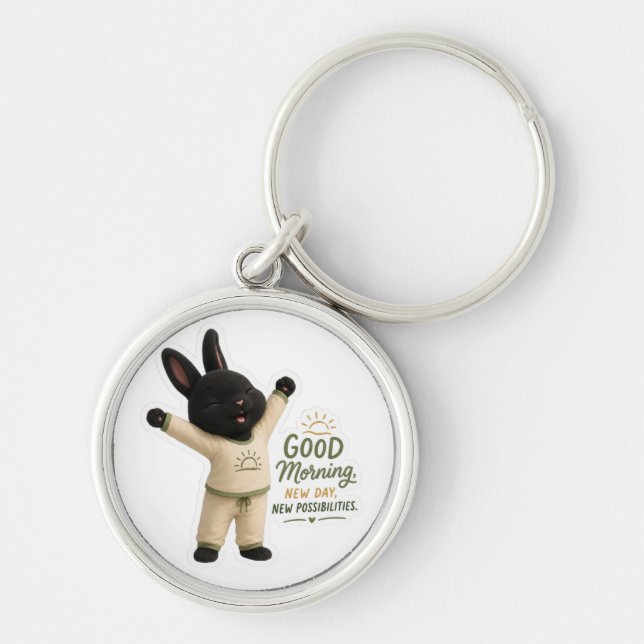 Morning Stretch Cute Black Rex Bunny Sticker Key Ring (Front)