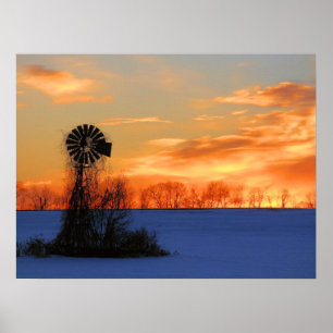 Morning Sunrise with Windmill in Winter Poster