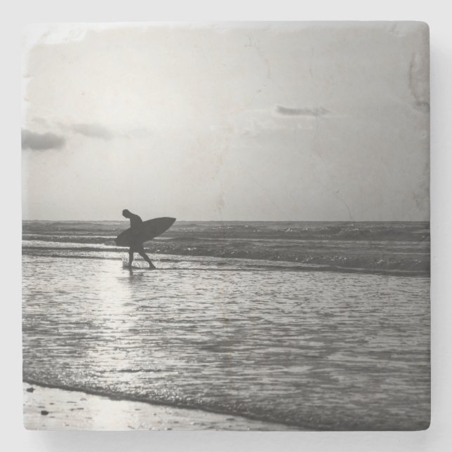 Morning Surfer Grayscale Stone Coaster (Front)
