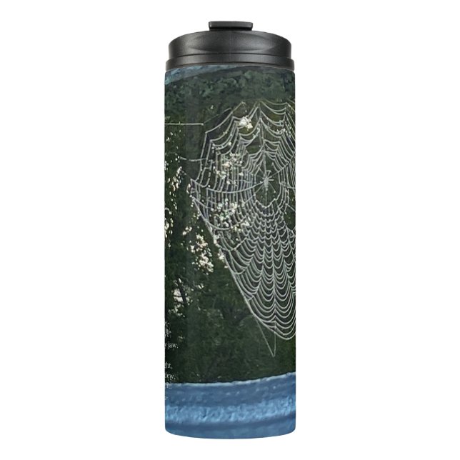 Morning Surprise, A Dew-Covered Spider Web Thermal Tumbler (Front)