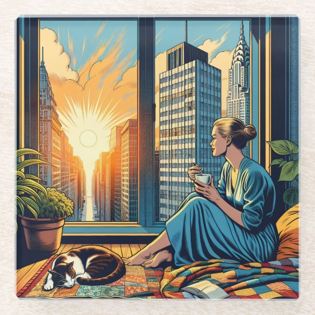 Morning Time in the City | Woman Reflecting Glass Coaster (Front)