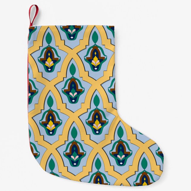 Moroccan Arabic tracery pattern in blue and yellow Small Christmas Stocking (Front)
