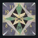 Moroccan Art Deco Batik Monogrammed Square Wall Clock<br><div class="desc">This wall clock features a subtle,  sophisticated design inspired by an ancient Moroccan Tile,  Batik fabric dye techniques,  Art Deco typography & a trending color palette of rose gray,  oyster,  meadow green & custard yellow. Personalize w/up to 2 character monogram.</div>