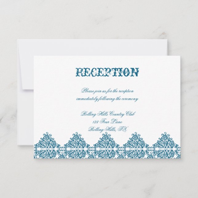 Moroccan Blue Damask Wedding Reception Invitation (Front)