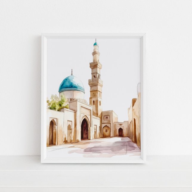 Moroccan Blue Dome and Minaret Watercolor Wall Art (Moroccan Blue Dome and Minaret Watercolor Wall Art in a white frame on the floor.)