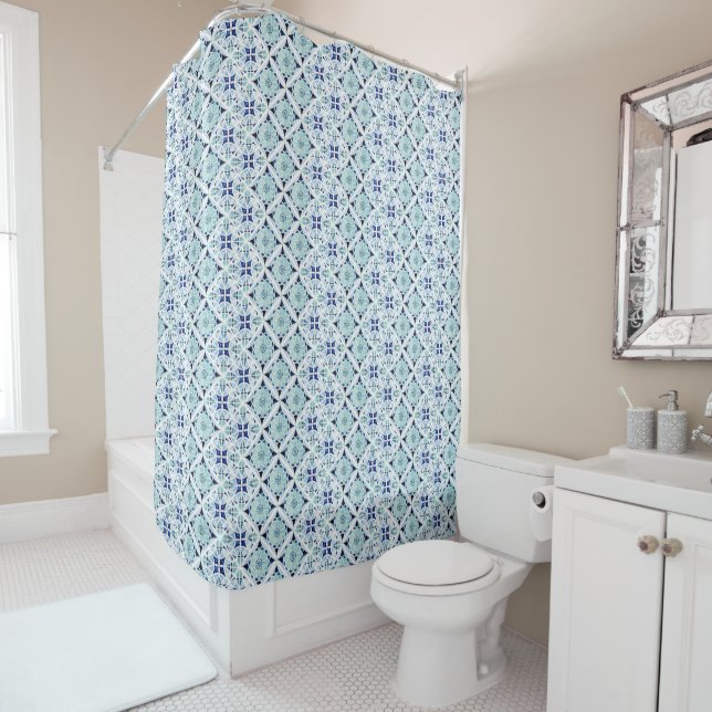 Moroccan blue tile pattern watercolor shower curtain (In Situ)