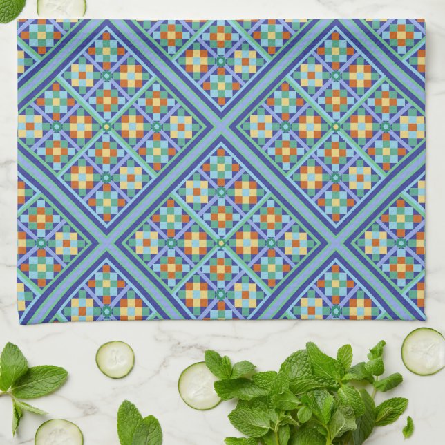 Moroccan blue tiles in pretty diamond pattern tea towel (Folded)