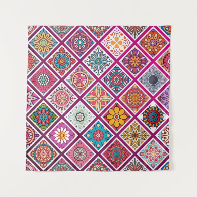 Moroccan Bohemian Mandala Tiles Tapestry (Front)