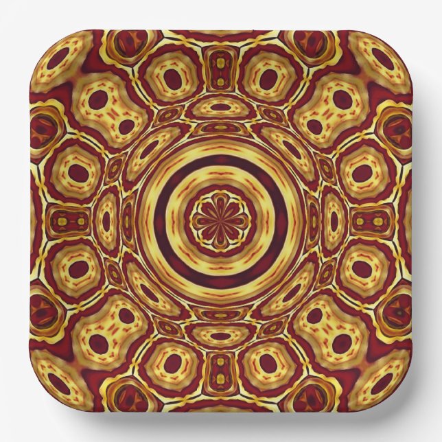 Moroccan Boho Red Gold Abstract Pattern Paper Plate (Front)