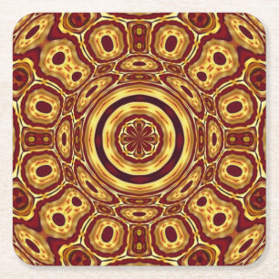 Moroccan Boho Red Gold Abstract Pattern Square Paper Coaster