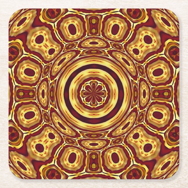 Moroccan Boho Red Gold Abstract Pattern Square Paper Coaster (Front)