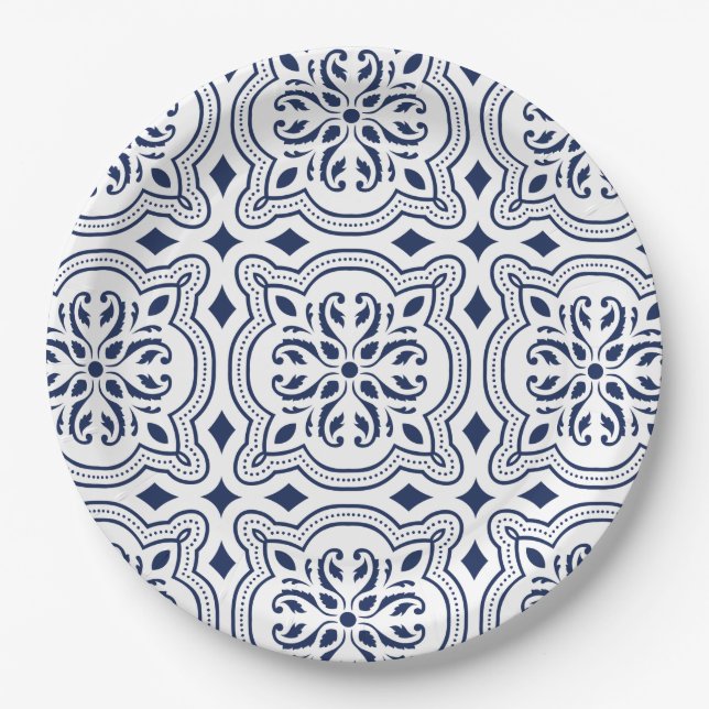 Moroccan bold blue geometric motif paper plate (Front)