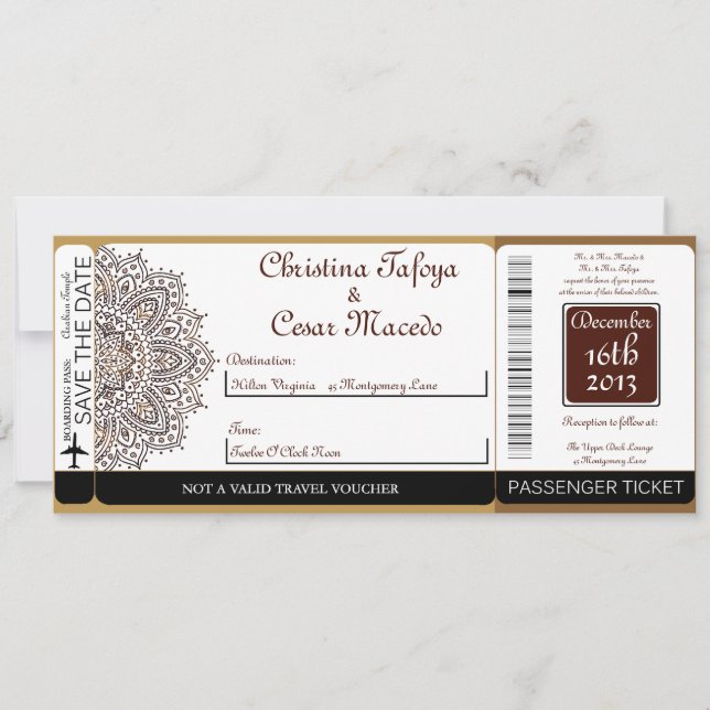 Moroccan Brown Boarding Pass Wedding Invitation (Front)