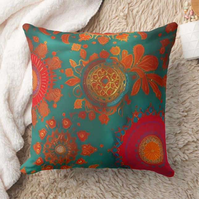 Moroccan exotic rustic gold red orange blue green cushion (Blanket)