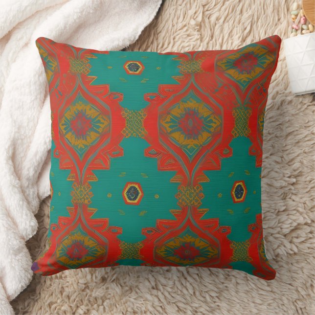 Moroccan fabric exotic red orange teal gold cushion (Blanket)