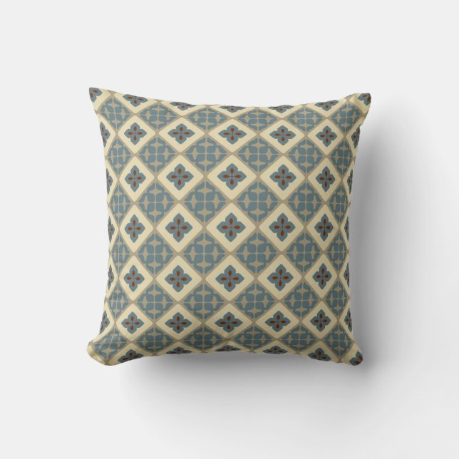 Moroccan Floral Tile Pattern Blue Tan Red Cushion (Front)
