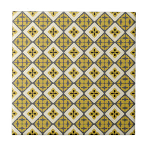 Moroccan Floral Tile Pattern Yellow Grey Black