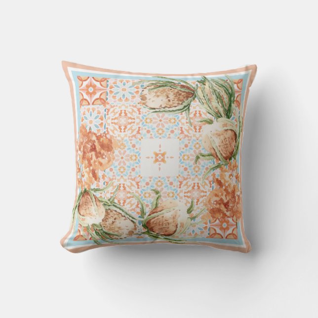 Moroccan Floral Tile Throw Pillow | Coral & Sage D (Front)