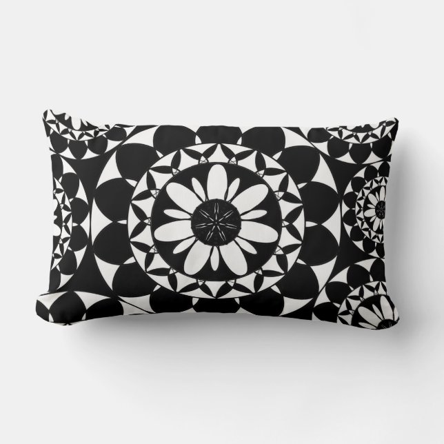 Moroccan Flower Tile Design Black and White Lumbar Cushion (Front)