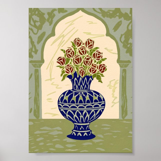 Moroccan Geometric Blue Vase with Red Roses Poster (Front)