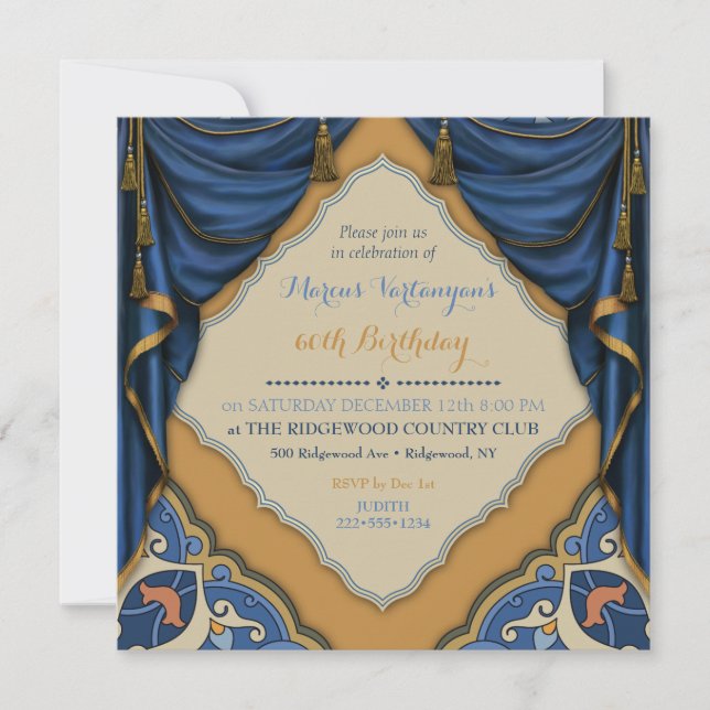 Moroccan Gold & Blue Satin Drapes Tassels Invitation (Front)
