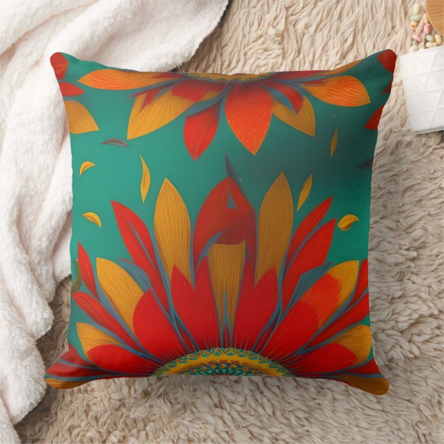 Moroccan gold red orange teal blue flower cushion (Blanket)