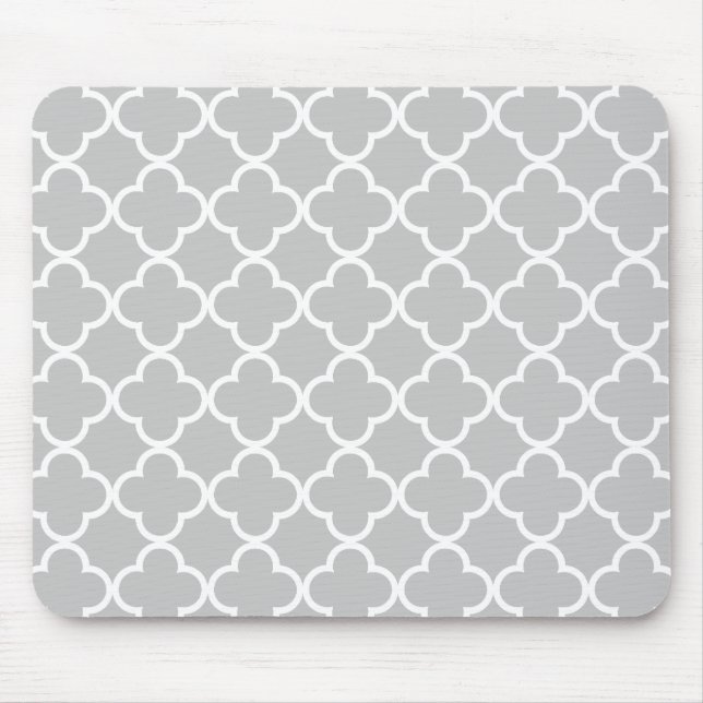 Moroccan Grey White Quatrefoil Pattern Mouse Pad (Front)