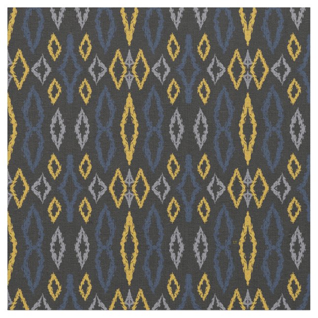 Moroccan Ikat Black Yellow Blue Pattern  Fabric (Close Up)