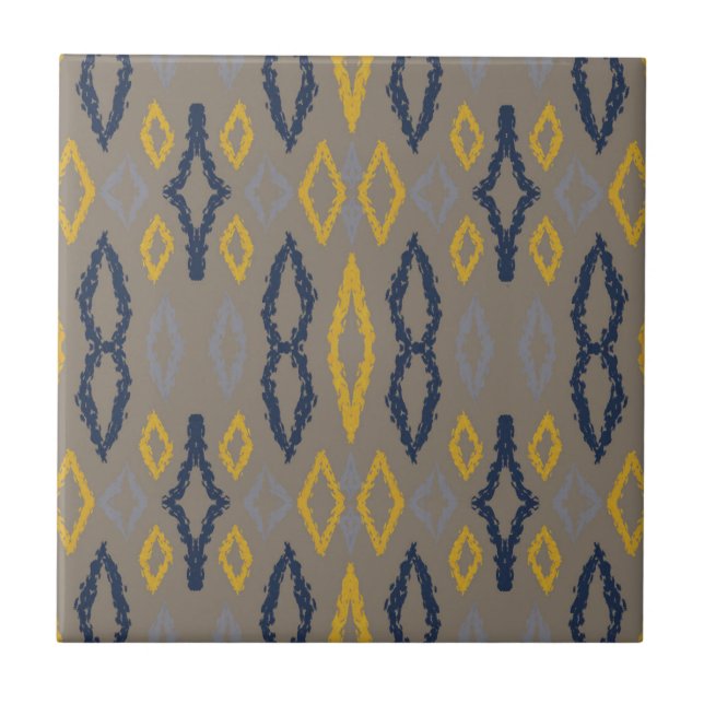 Moroccan Ikat Blue Yellow Grey Pattern   Tile (Front)